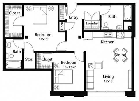 Floor plan for 2 beds, 2 baths, 1045 sqft